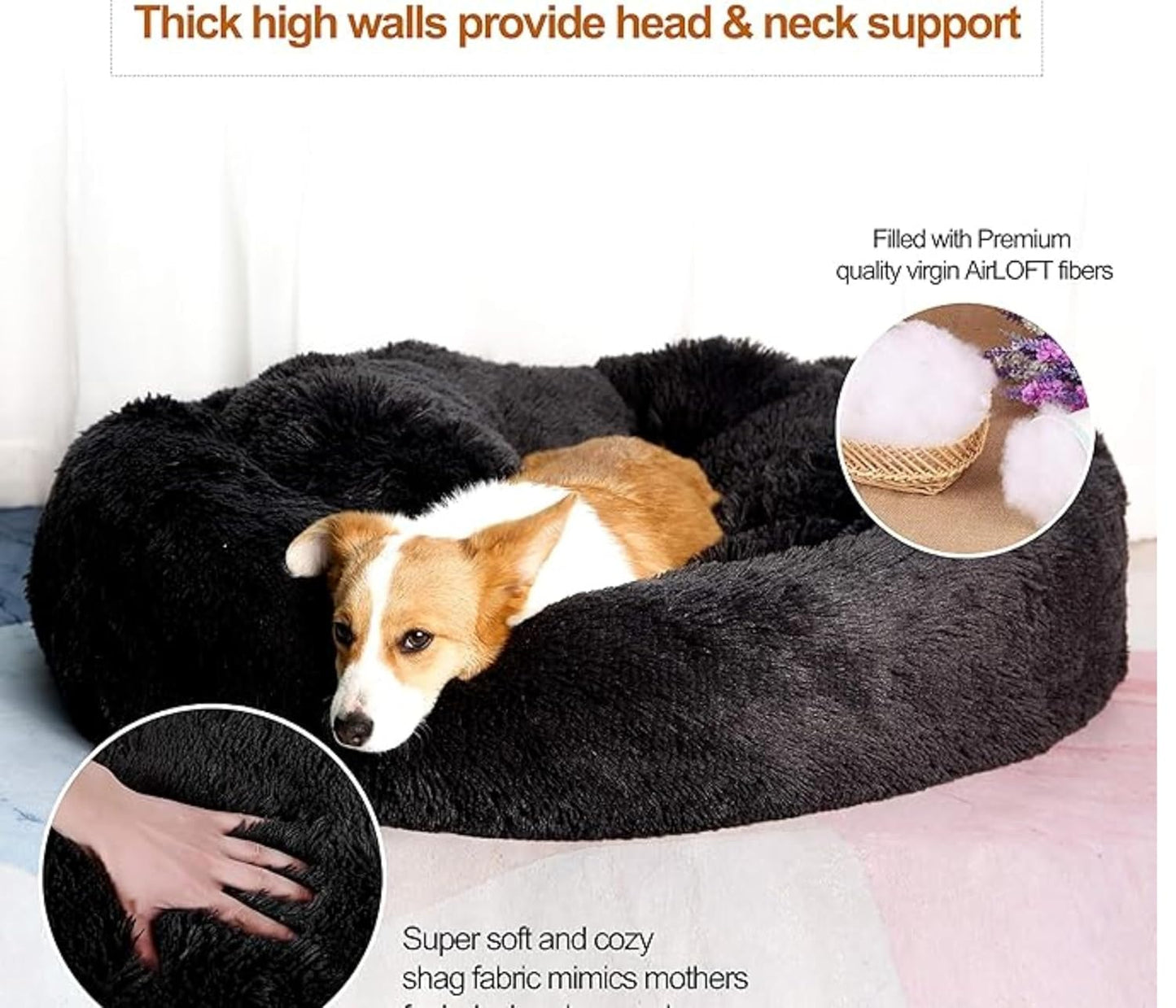 Round Donut Pet Bed for Cats and Puppies Dogs, Cozy and Plush, Raised Bedside Support, Both Sides Use Like 2 in One, Washable, Sizes for Small, Medium, and Large Pets. (Black, Large)