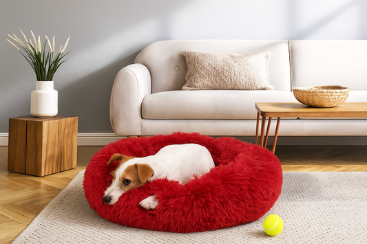 Round Donut Pet Bed for Cats and Puppies Dogs, Cozy and Plush, Raised Bedside Support, Both Sides Use Like 2 in One, Washable, Sizes for Small, Medium, and Large Pets. (Red, Medium)